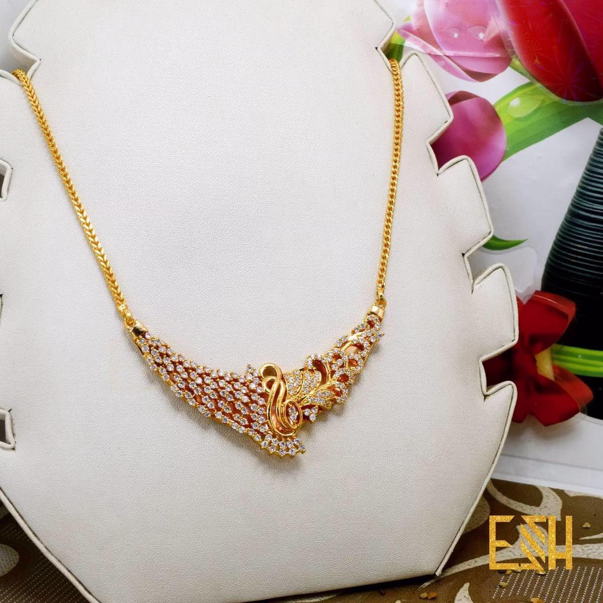 Gold Plated Traditional Bridal AD Stone Sawadi Pendant With 02MM Fox Chain Long For Women & Girls