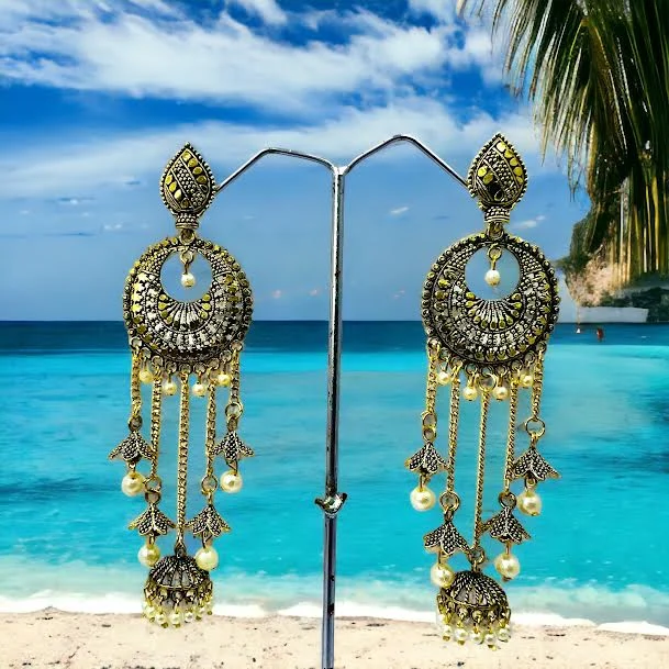 Dull gold color Vintage Boho Jhumka Jhumki Tassel Dangle Statement Earrings Long Bell Beads Ball Earring with pearl for women and girl