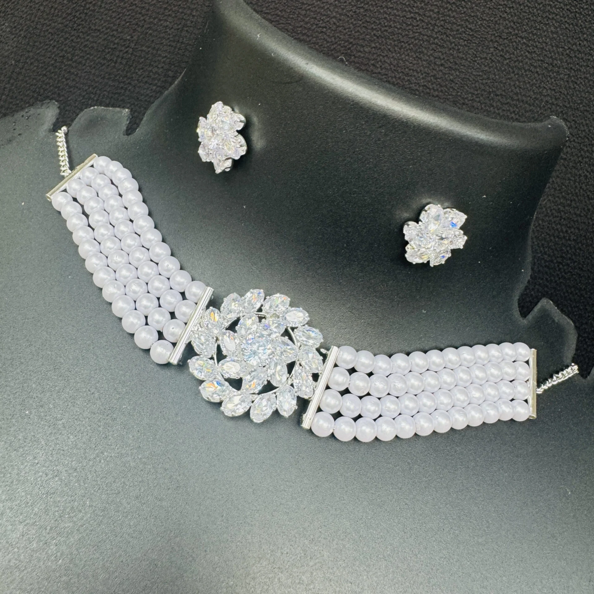 Silver color white pearl beautiful Short choker necklace set with Cz Cubic Zirconia Beaded stone pendent for women and girl