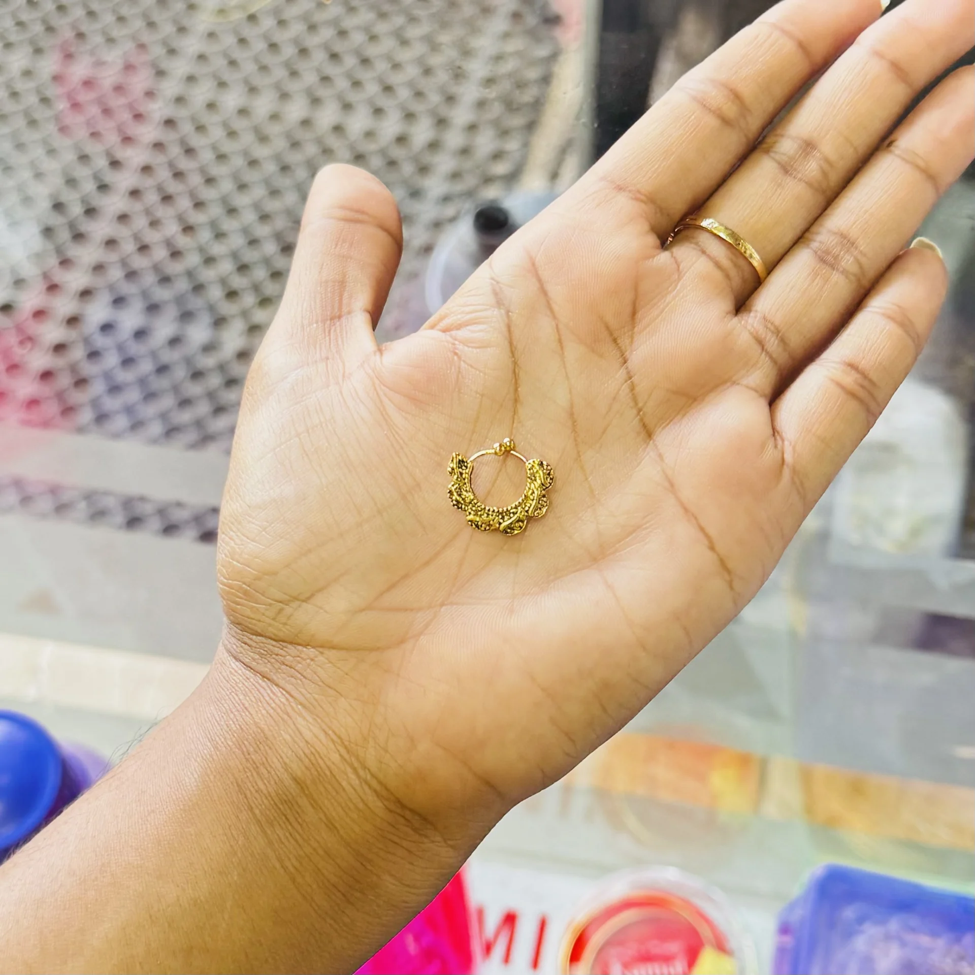 ESH Fancy gold color cute small mookuththi nose ring design Nose Cum Septum Ring for girl and women