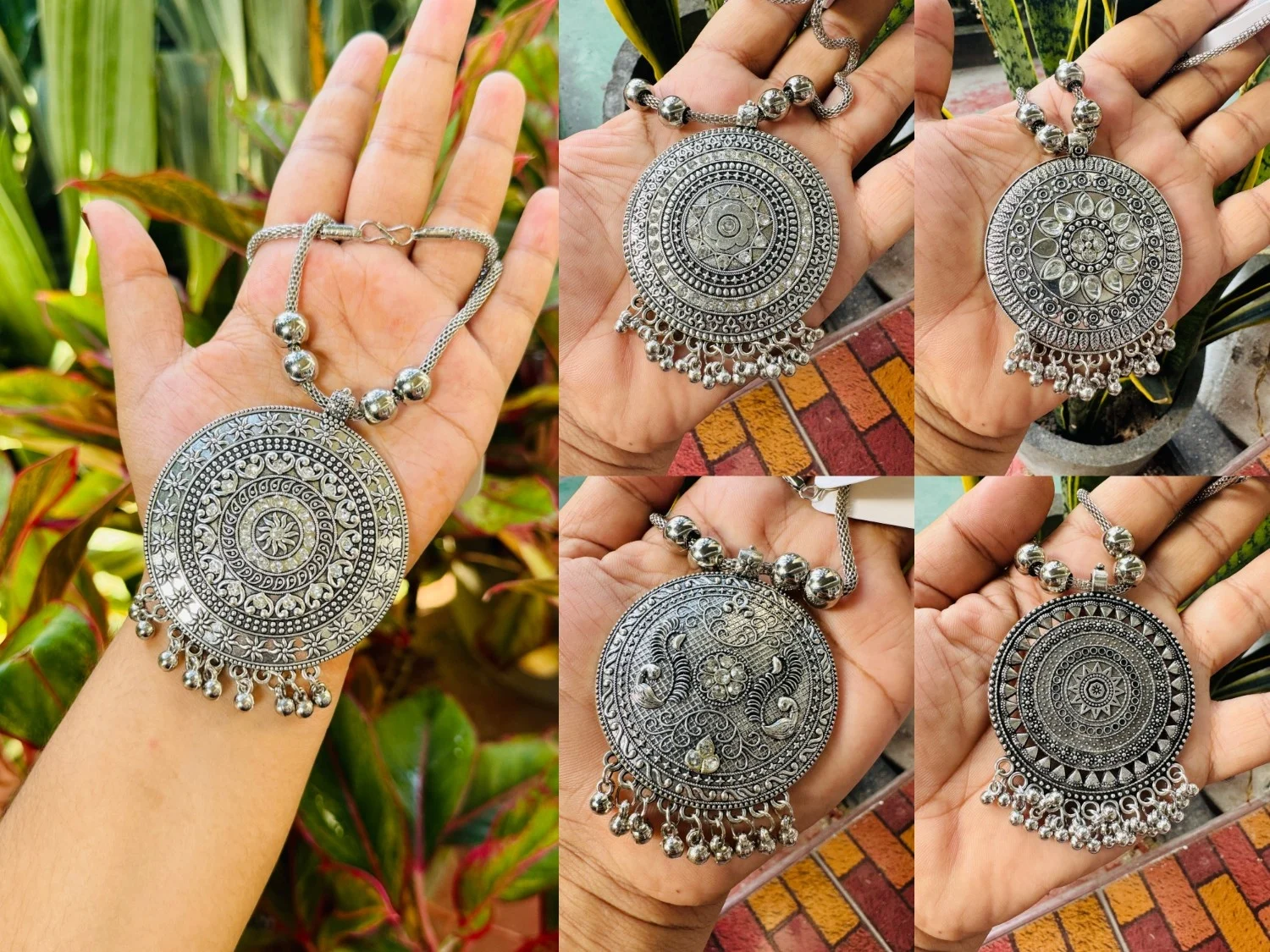 Oxidize Silver color 20-inch short chain with round big pendent without stone and silver beaded necklace for women and girl