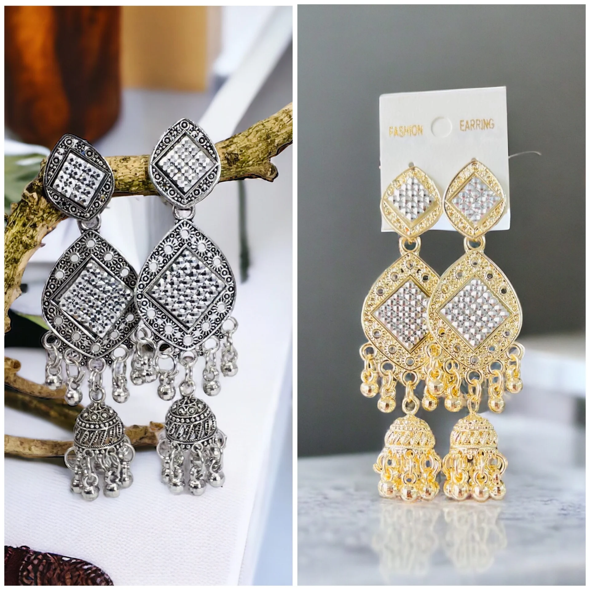 Light gold and silver color tassel jimmiky earring Indian Jewelry Traditional Gold silver Tone Jhumka Jhumki Tassels Big Dangle Earrings for Women