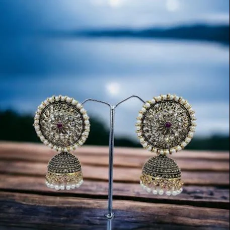Dull gold / silver fashion Bollywood Style Traditional Indian Oxidized Silver Jewelry Jhimki Earrings with white pearl and white stone for women and girl