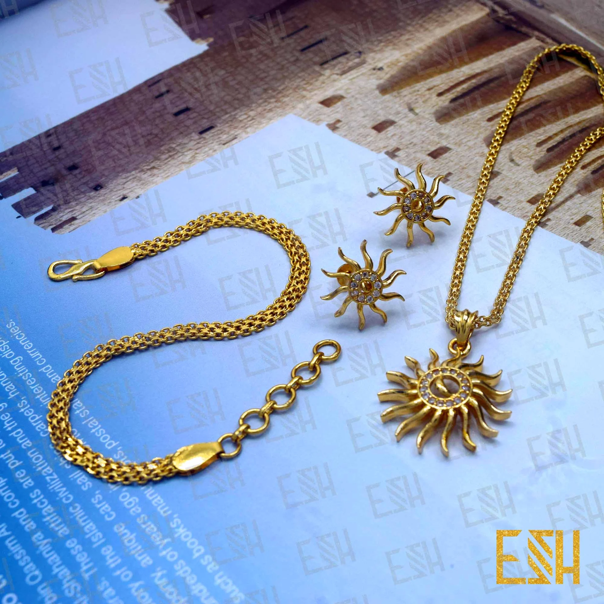 Gold Plated 18/24 INCH 2MM Bismark Chain with New Sun Theme Fixed Stone Pendent and Earrings and 3.5mm Bracelet Party Wedding Send it as a gift or keep it as a lovely collection