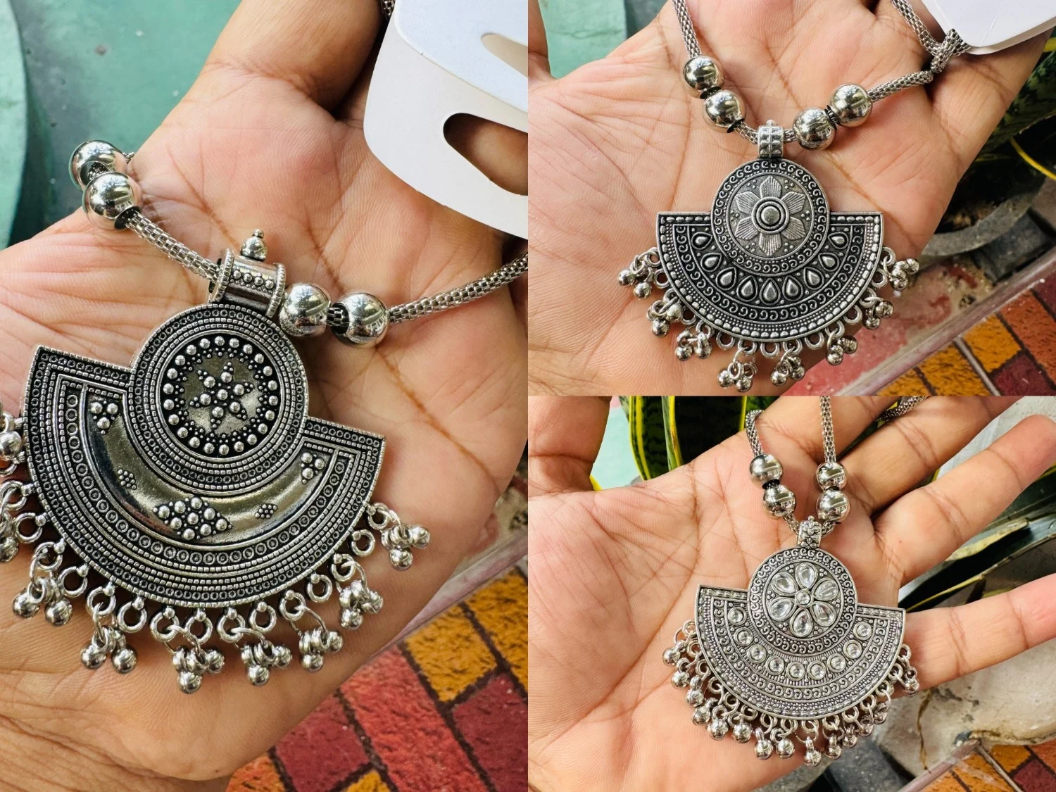 Oxidize Silver color 20-inch short chain with half round theme big pendent without stone and silver beaded necklace for women and girl