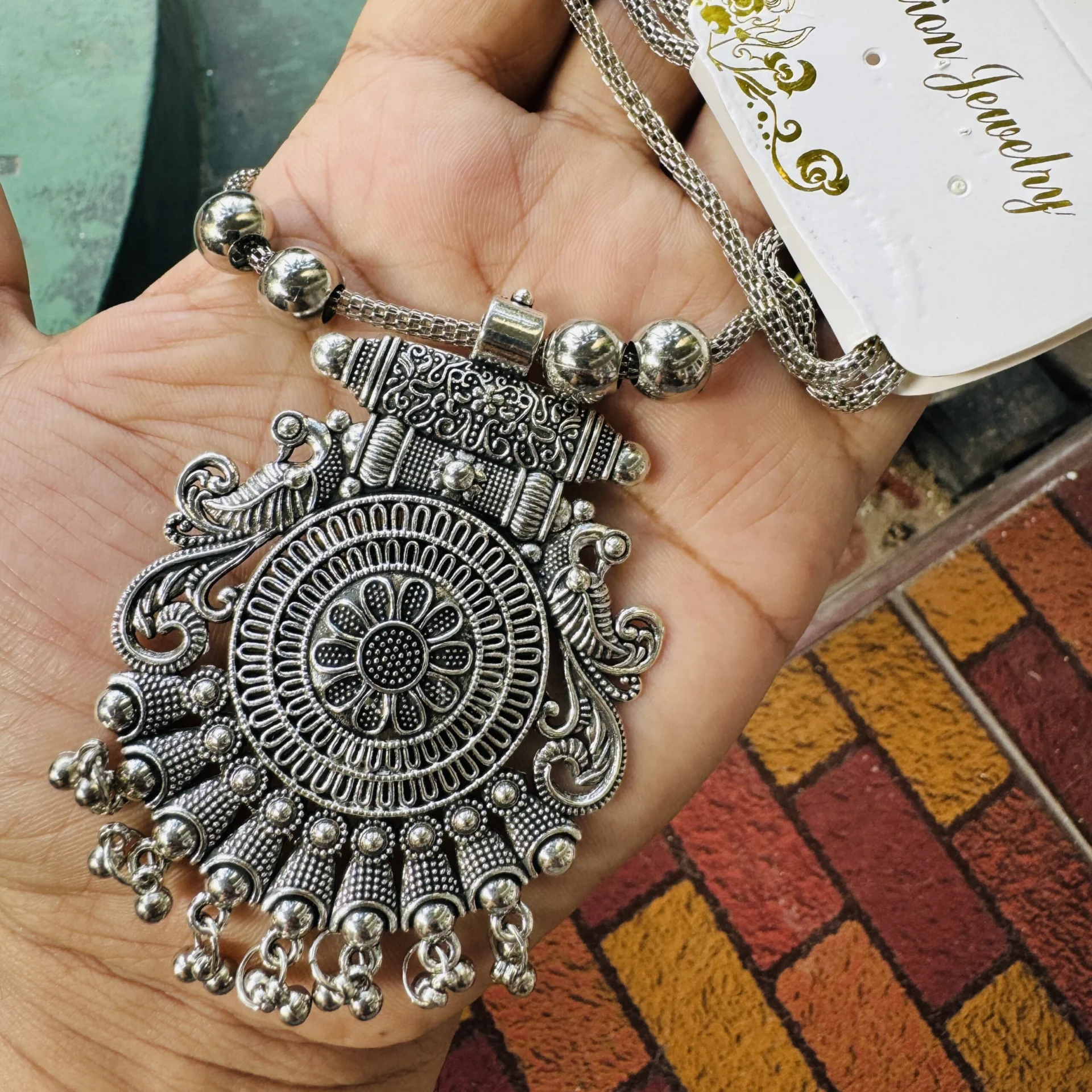 Oxidize Silver color 20-inch short chain with flower theme antic look big pendent without stone and silver beaded necklace for women and girl