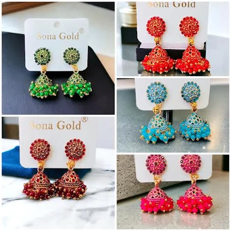 Silver mix small, cute round head with jimmiky drop earrings with blue, green, red, magenta fixed stone and pearl for girl and women