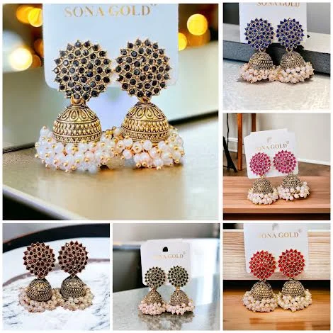Dull gold color jimmiky drop earring with white pearl and maroon, red, blue, green, white fixed stones for girl and women