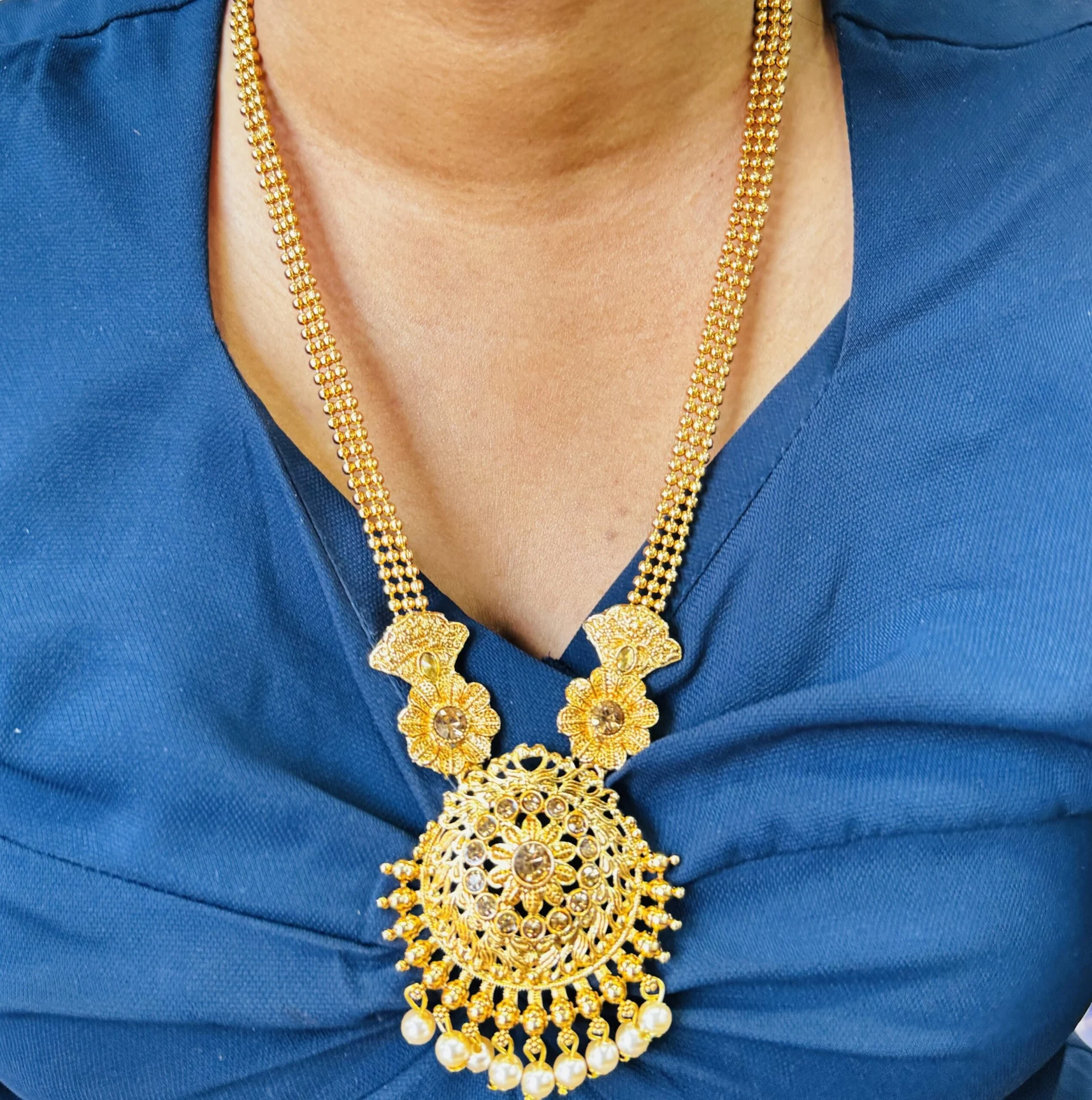 Gold color ball chain long necklace with one pair earring gold stone and off-white pearl for women and girl