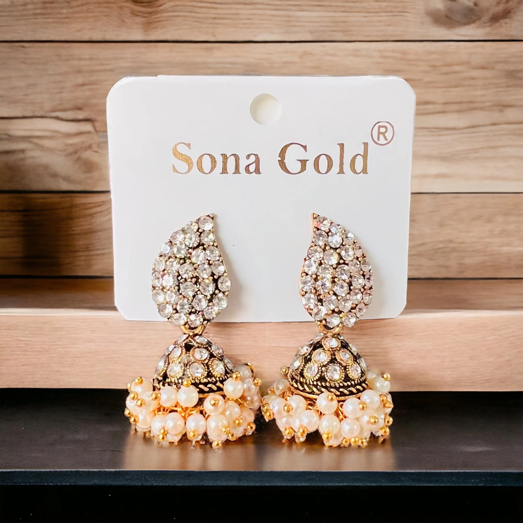 Dull gold color small, cute fashionable Indian jimmiky earring with white pearl and white stone for girl and women