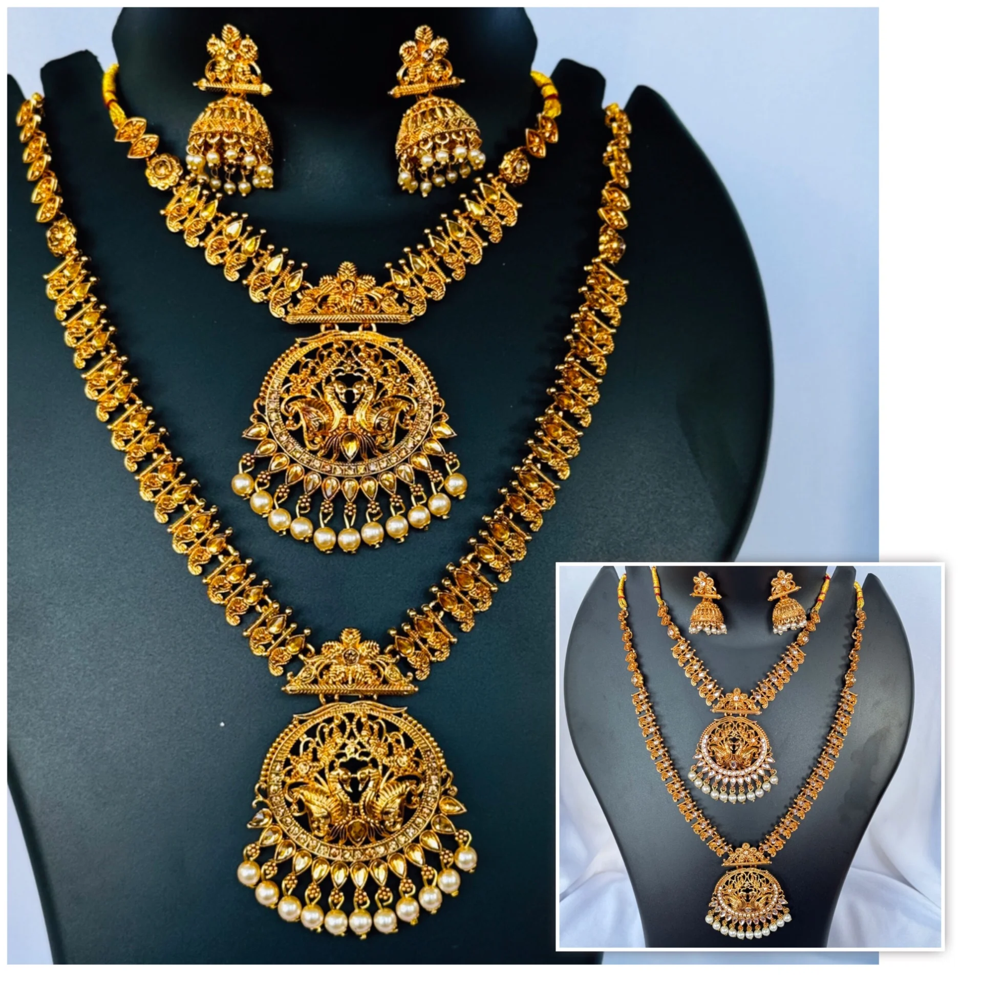 Dull gold color fashion long beautiful traditional necklace set with white and gold stone white, gold pearl, a peacock carving for women and girl