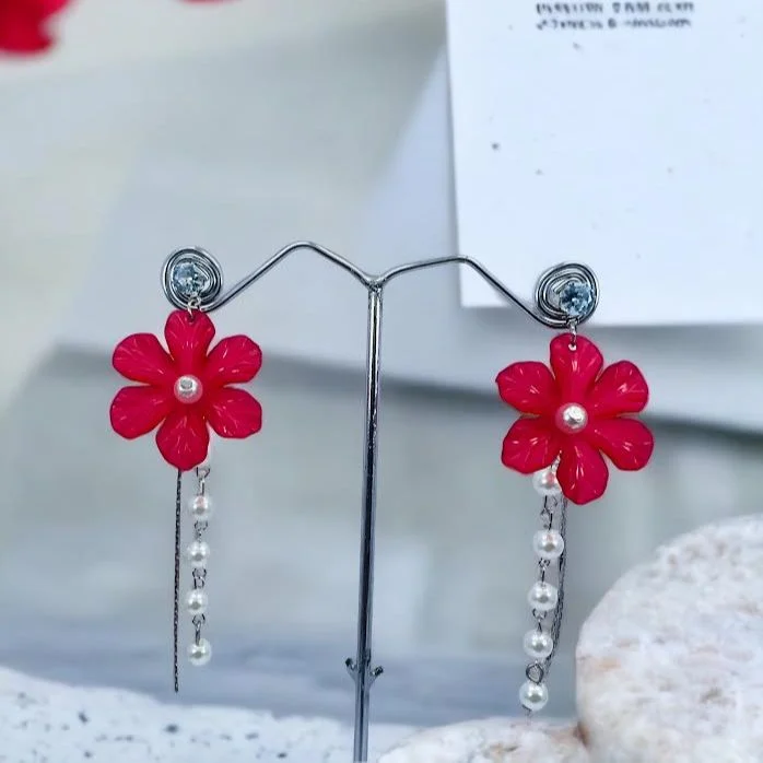 Silver plated stylish beautiful earring with red flower and white pearl and silver line drop earring for women and girl