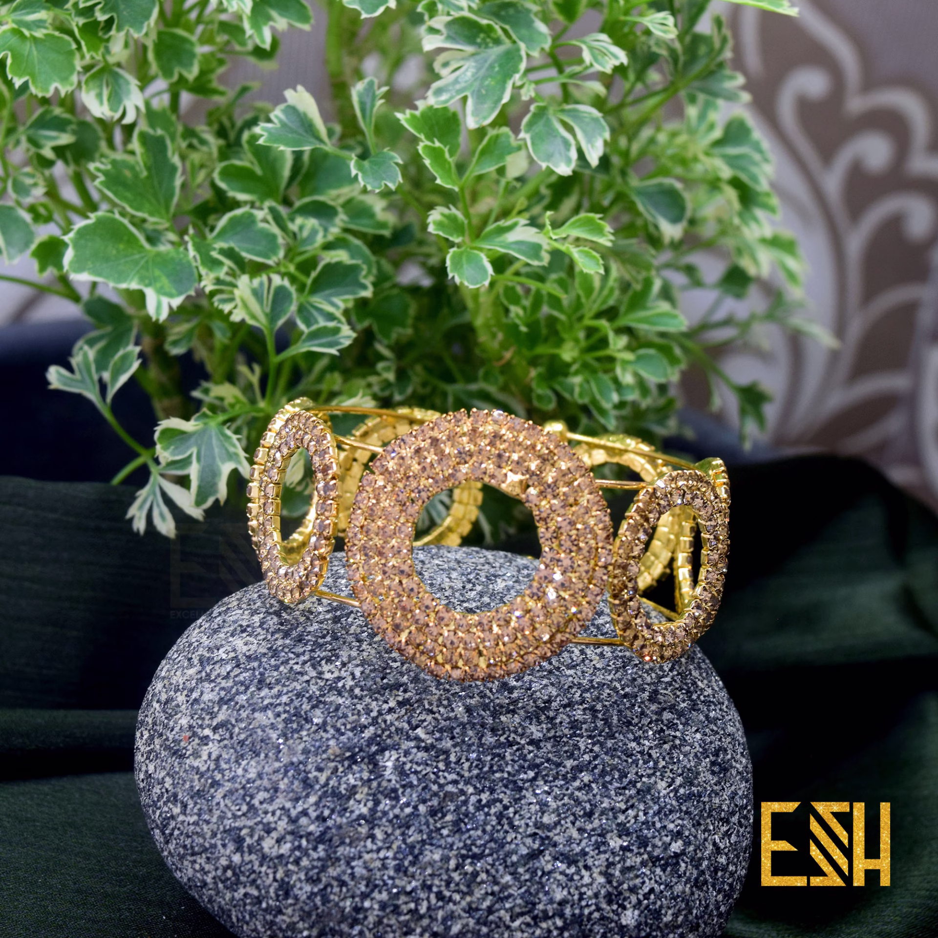 ESH Fancy Gold New Fancy Round Type Free Size Bangle Bracelet With Full LCD Stone For Women Gift ( Fit For Any Hand )