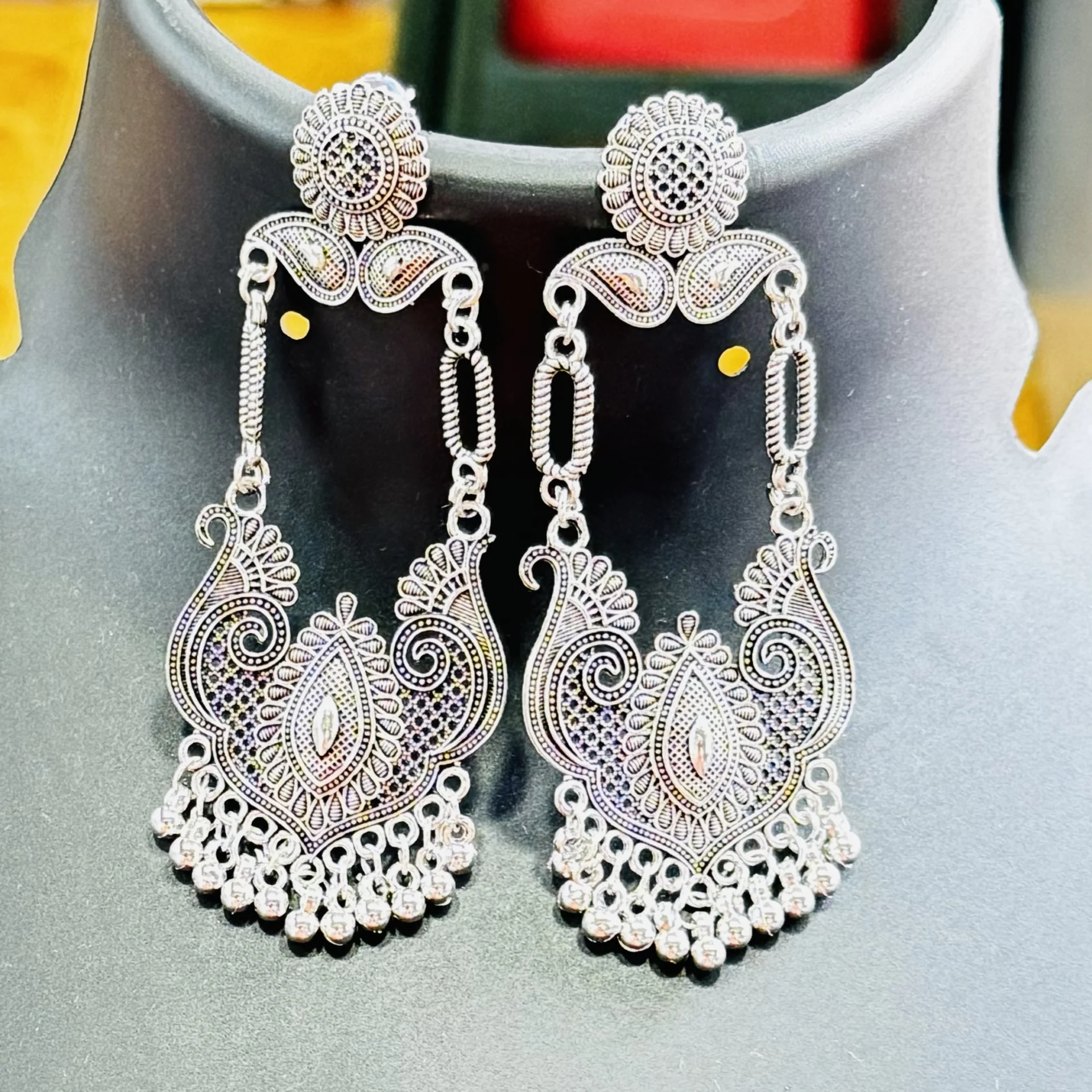 ESH Oxidized color Fashion Latest Stylish long tassel traditional drop earring with silver beaded for women and girl