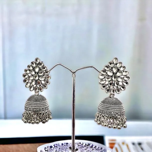 ESH Silver color Fashion Bollywood leaf design stone head Indian beautiful jimmiki earring with white stone and silver beaded for women and girl