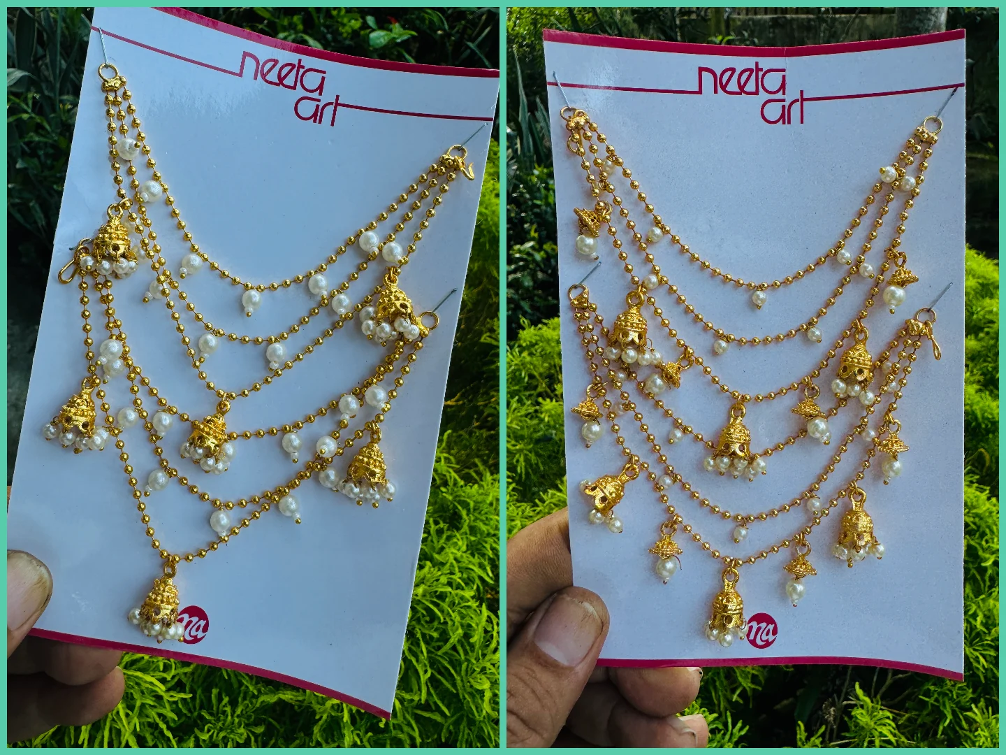 Gold color Indian Bollywood Traditional Ear chain hair ornament with small jimmiky type bell and white pearl ONE PAIR SET for women and girl