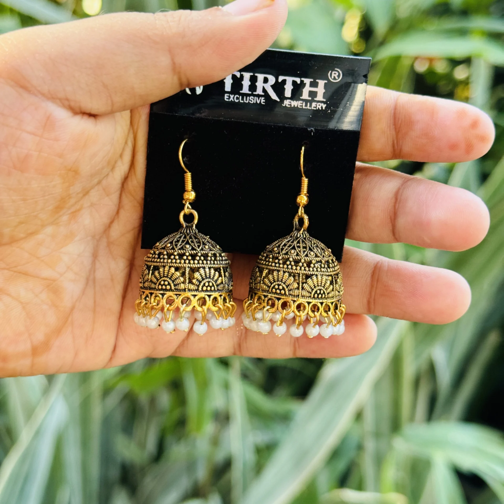 Dull gold color Indian Hook Hanging Lightweight jimiky earring with white pearl drop for women and girl