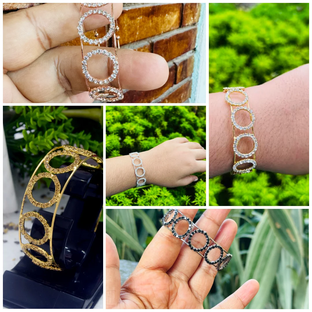 Gold , silver, black color New Round Type Free Size Bangle Bracelet With Fixed White Stone For Women Gift ( Fit For Any Hand )