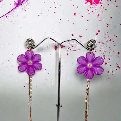 Gold plated stylish beautiful earring with black flower and white stone pearl and gold line drop earring for women and girl