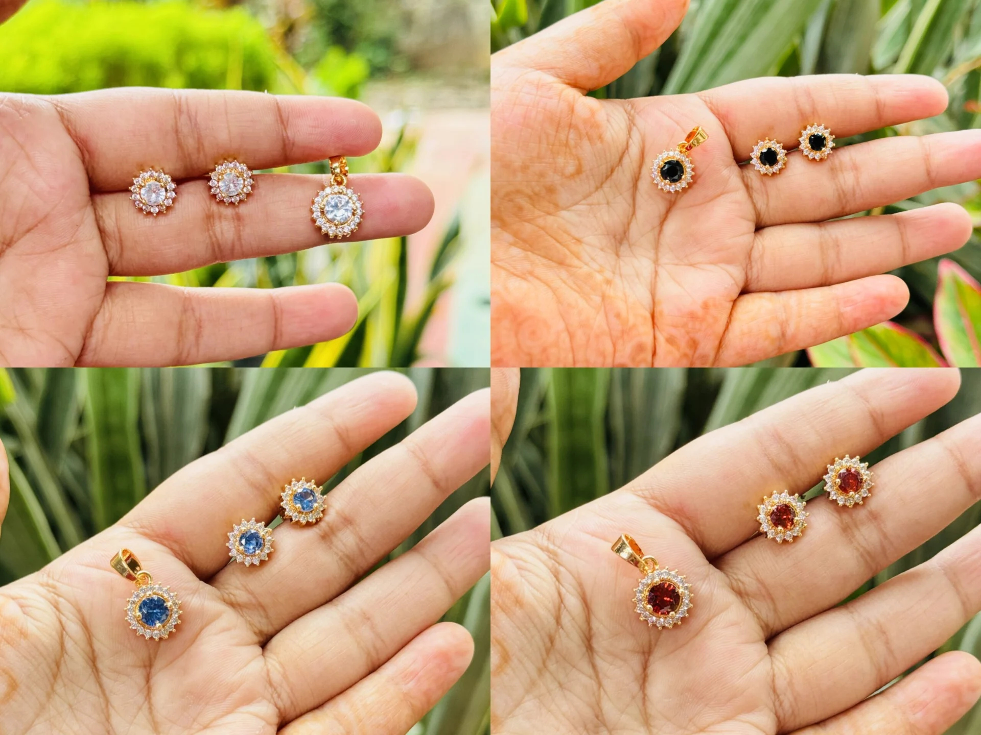 Gold plated rich look new design round Diana jeweler set white, pink, red, blue, black fixed stone, earring, pendent for women and girl gift items for girls