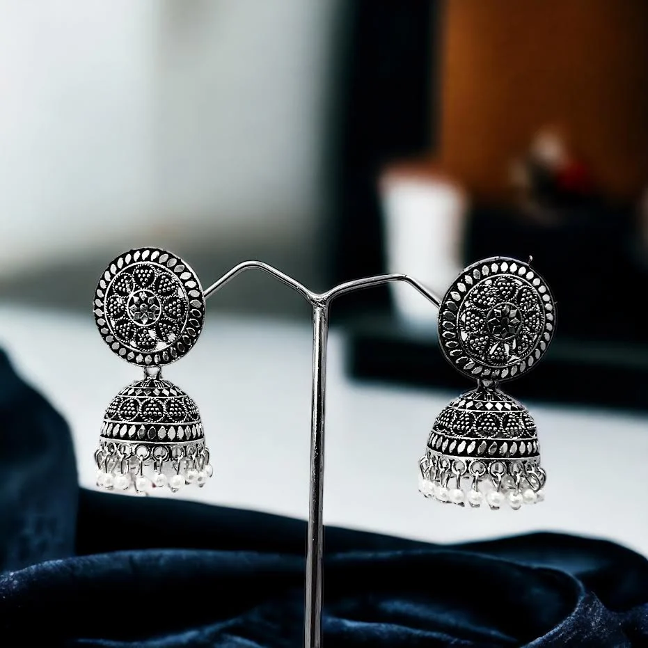 Black silver vintage beautiful jimmiky earring with white pearl Stylish Indian Wedding Jewelry Jhumki Jhumka Earrings for Women