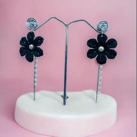 silver color stylish beautiful earring with black flower and white stone pearl and gold line drop earring for women and girl