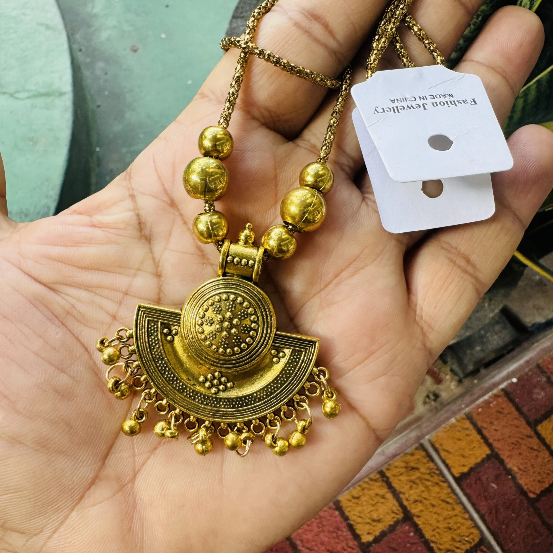 Oxidize Gold color 22-inch short chain with half round medium pendant without stone and gold beaded necklace for women and girl