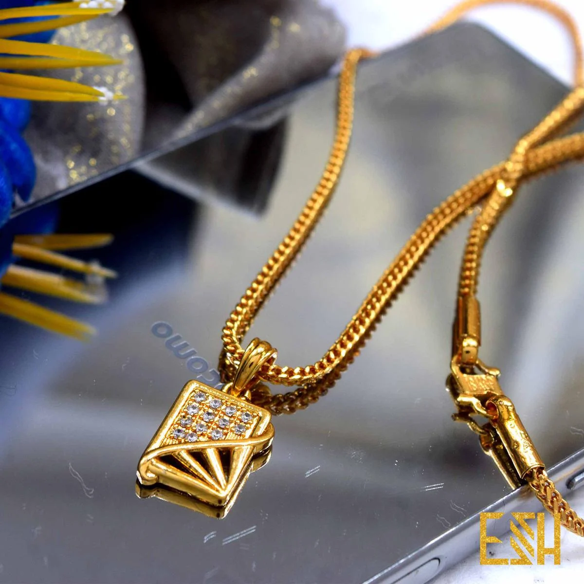 ESH Gold chain and pendant Plated Guaranteed 2.5MM New Trend Stylish Singapore square Fox Chain 18/24 Inch Beautiful Design With Box Window Fixed Stone Pendant chain for women
