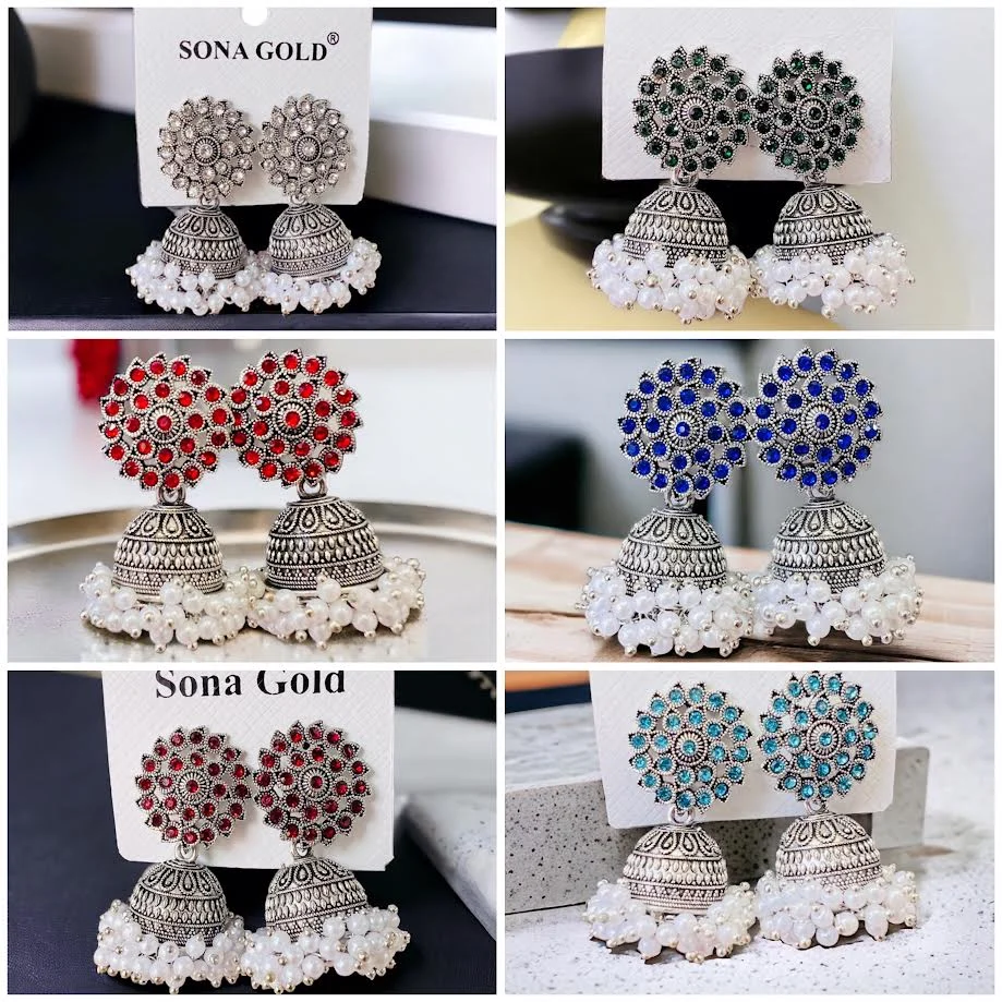 silver color jimmiky drop earring with white pearl and maroon, red, blue, green, white fixed stones for girl and women