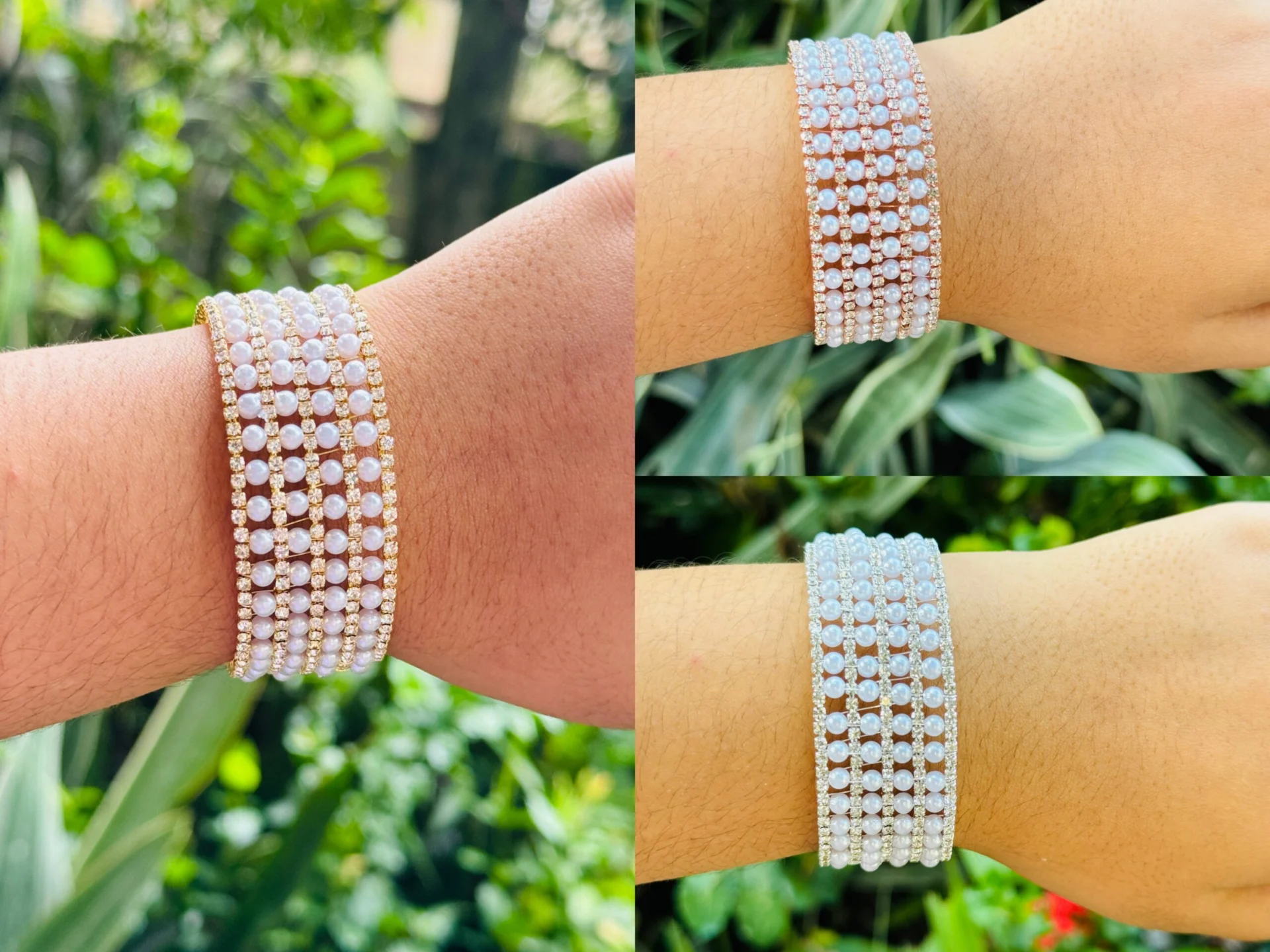 Rose gold, gold and silver color beautiful four-line free size Pearl bangle with white stone for women and girl