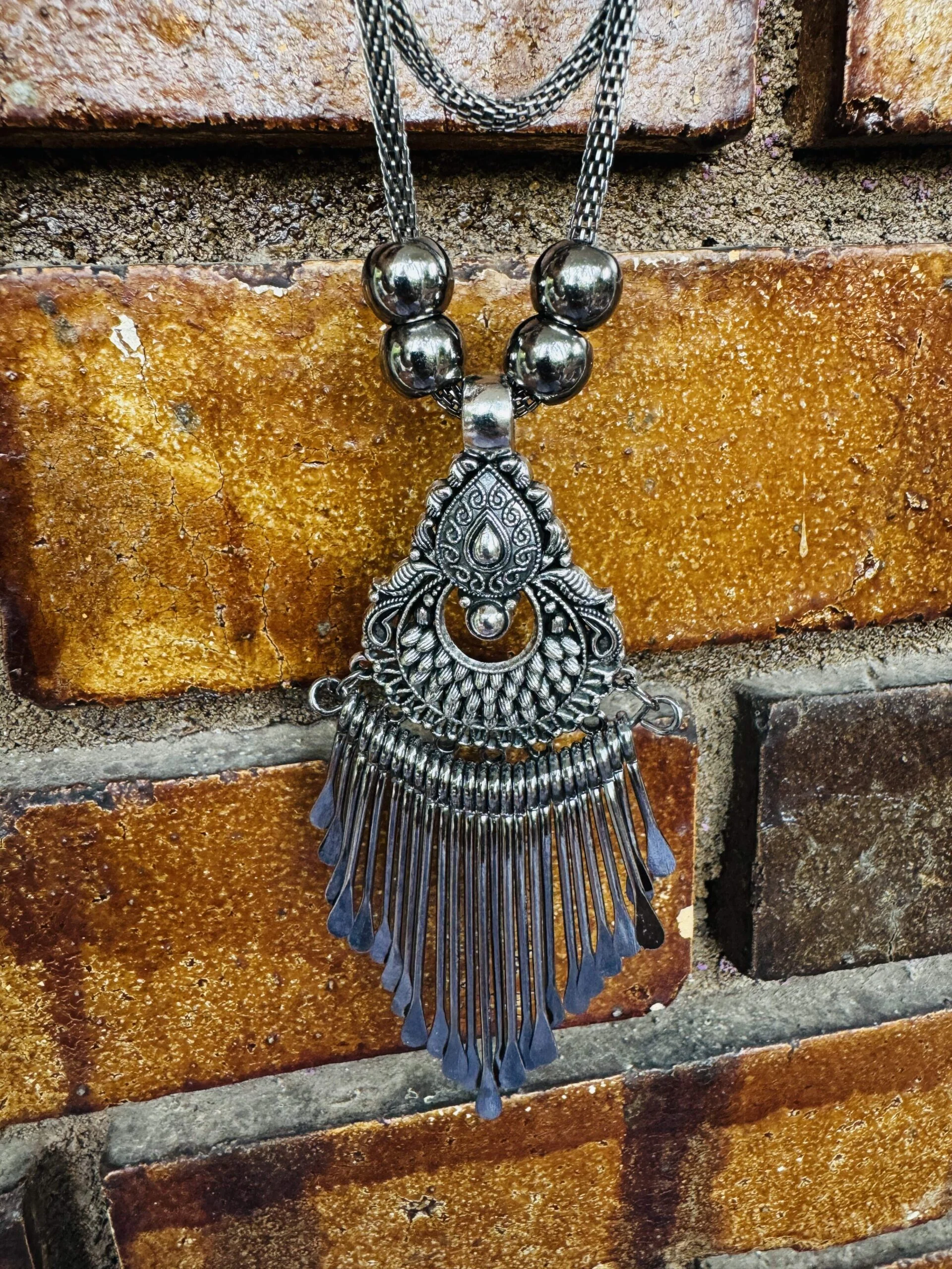 Oxidize silver color long Leafe design fancy necklace with tassel for women and girl