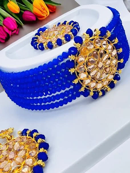 Adorable Gold-Plated ultra blue color crystal Pearl Choker Necklace Set for Women and girl with free box.