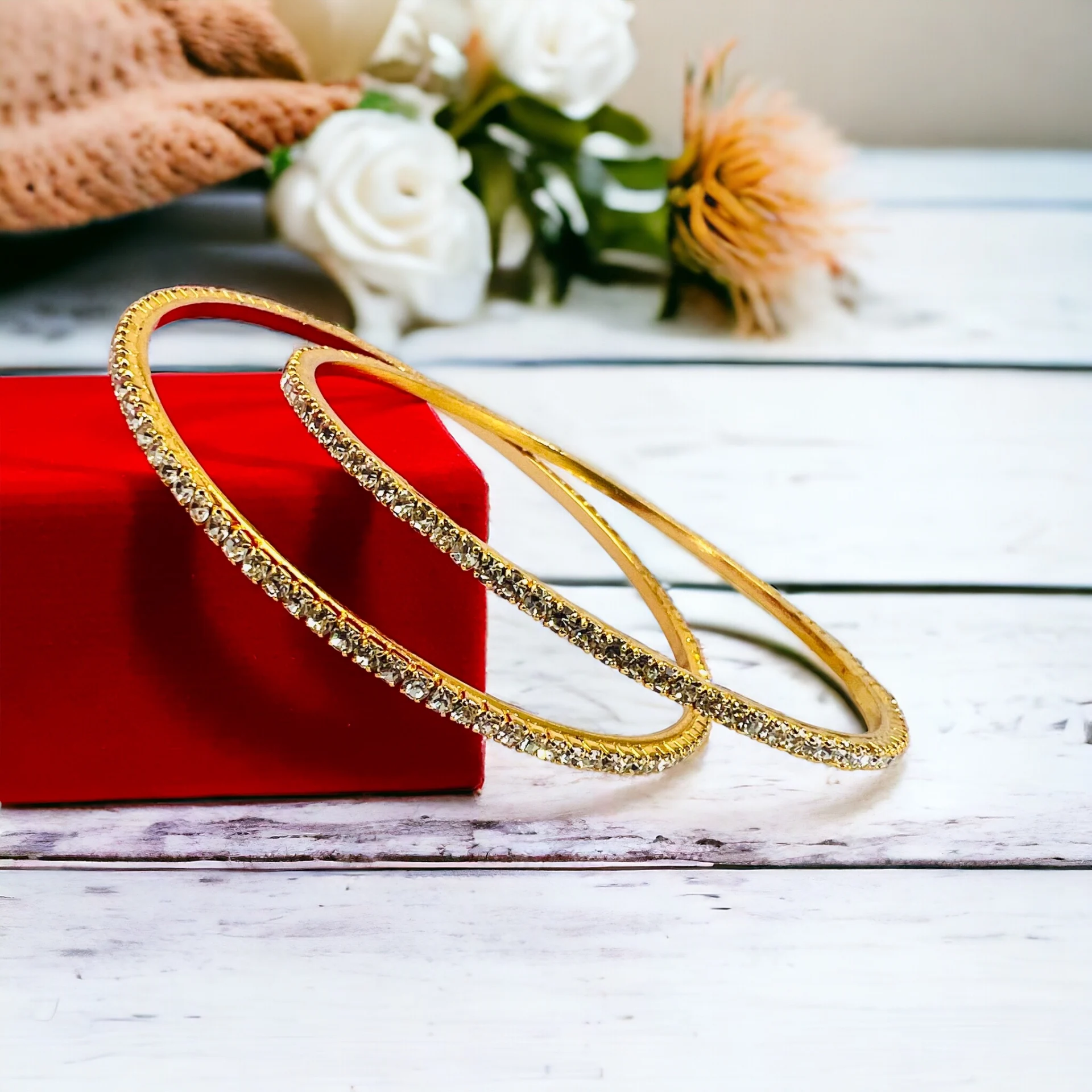 Gold plated cute one pair bangle with full white stones Fashion Jewelry Lightweight Cute bangles for Women and Girl