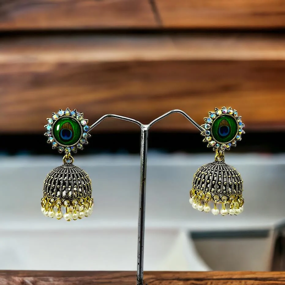 Gold mix black beautiful cute Peacock Jhumka Jhumki Dangle Vintage Bell Tassel Earrings with white pearl for women and girl