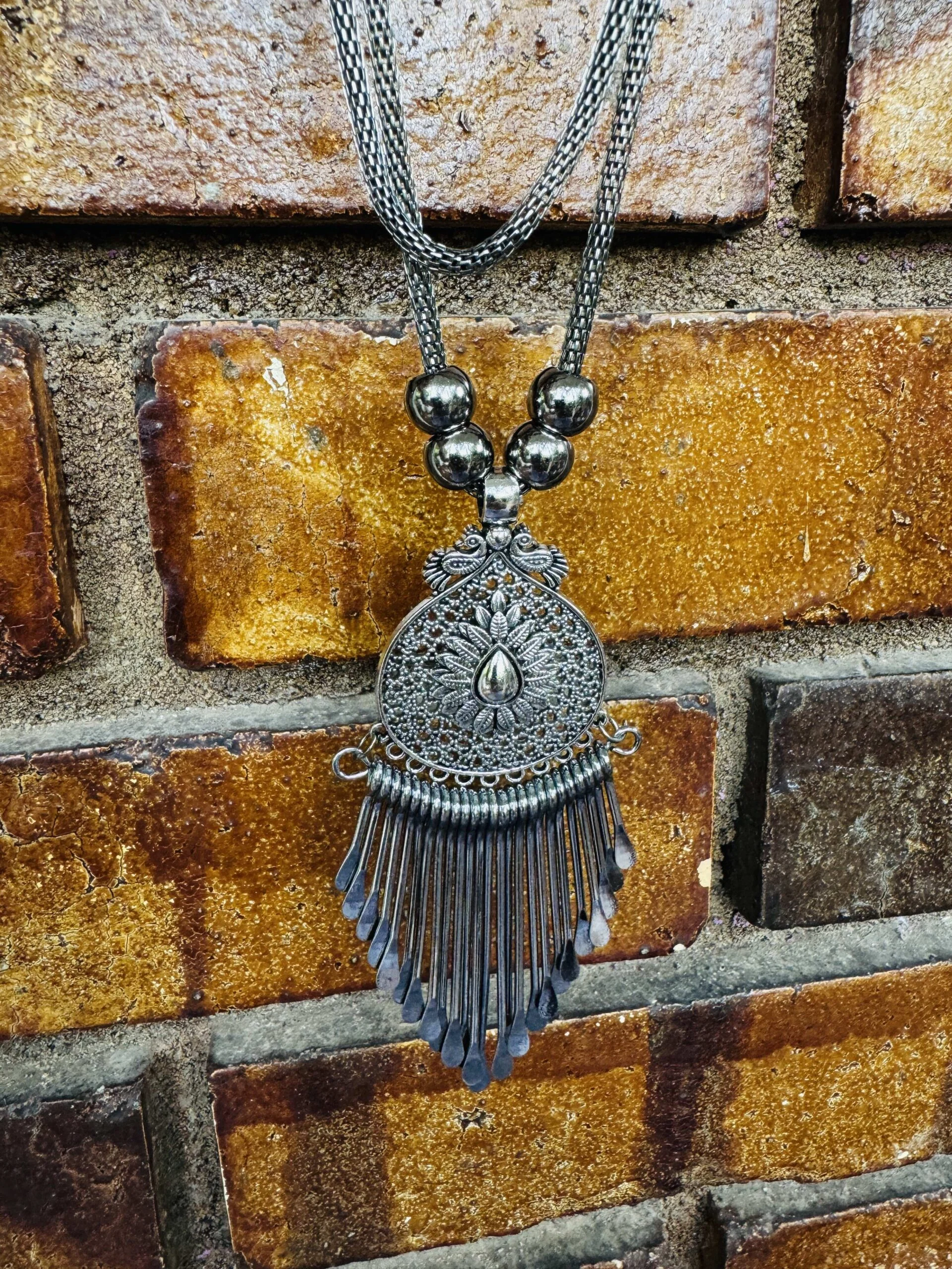 Oxidize silver color long water drop design fancy necklace with tassel for women and girl