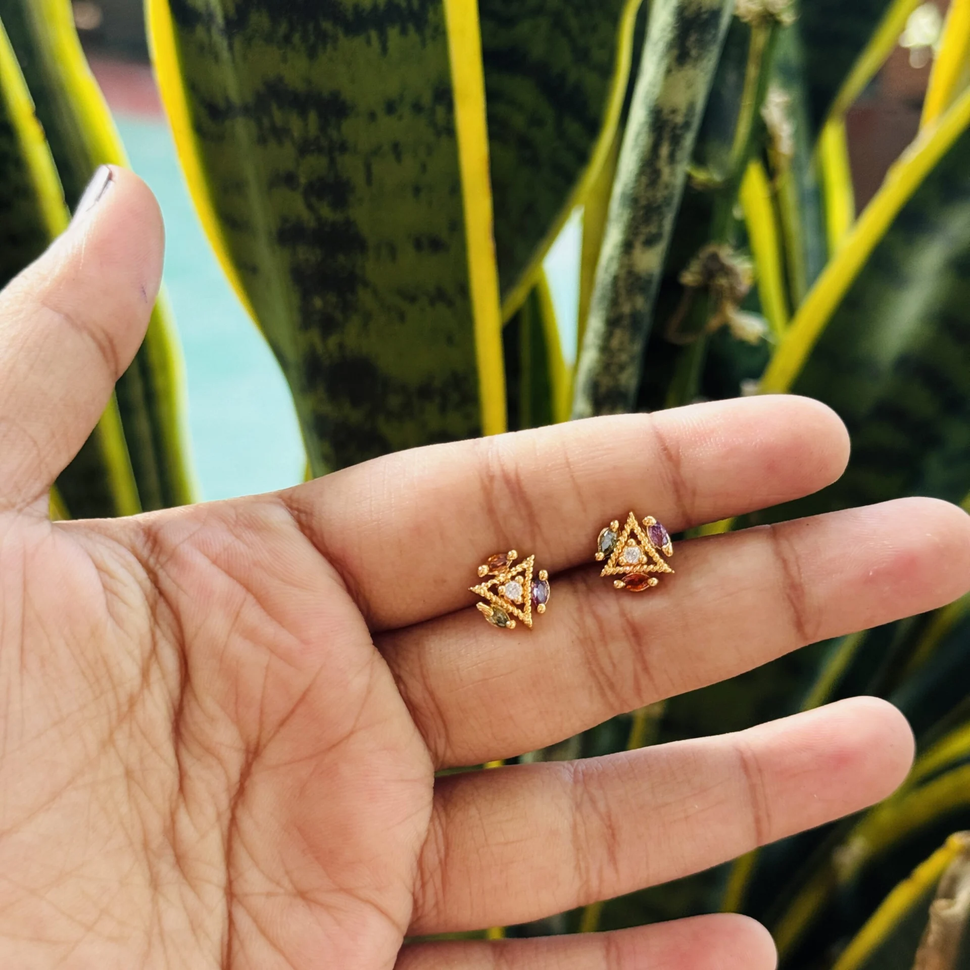 Gold plated medium size beautiful multi color stone with tringle design stud earring for women