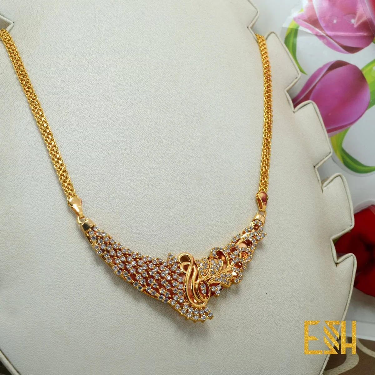 Gold Plated Traditional Bridal AD Stone Sawadi Pendant With 04MM Bismark Long Chain for Gift, Women's & Girls