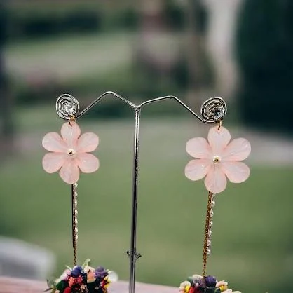 Gold plated stylish beautiful earring with Rose color flower and white stone pearl and gold line drop earring for women and girl