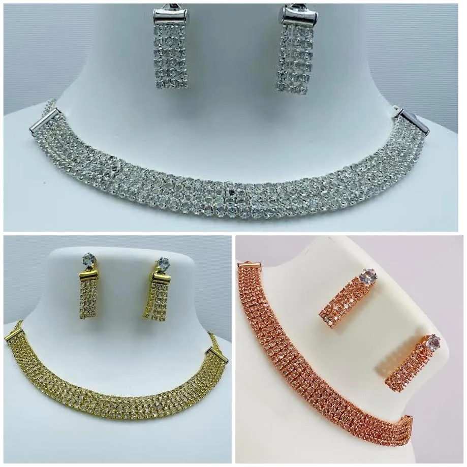 Rose Gold, gold, silver Color 4 line neklas Indian Bollywood Choker Neckles with White stone bridal designer jewelry necklace set for women in antique gold tone
