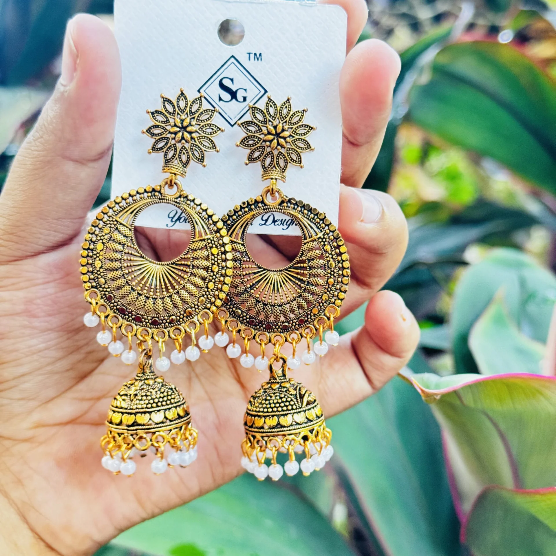 ESH Oxidize and dull gold color long tassel drop flower theme jimikky earring with white small pearl for women and girl