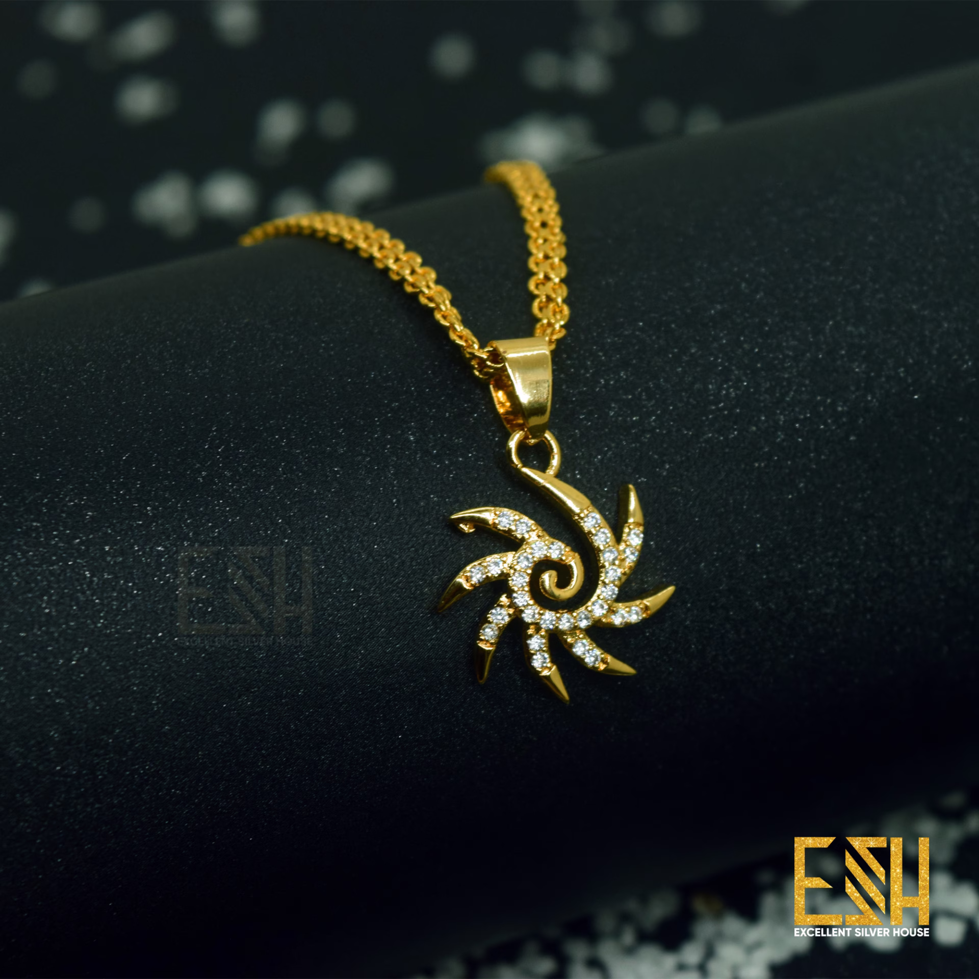 ESH Gold plated Ladies 02MM Thin Stylish Bismark Chain 18/24 Inch Beautiful Design With Medium Size Star Sun Theme White Stone Pendant