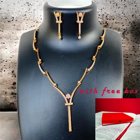 Gold plated Hight Quality rich look new design necklace and earring with fixed stone for women and girl [with free box]