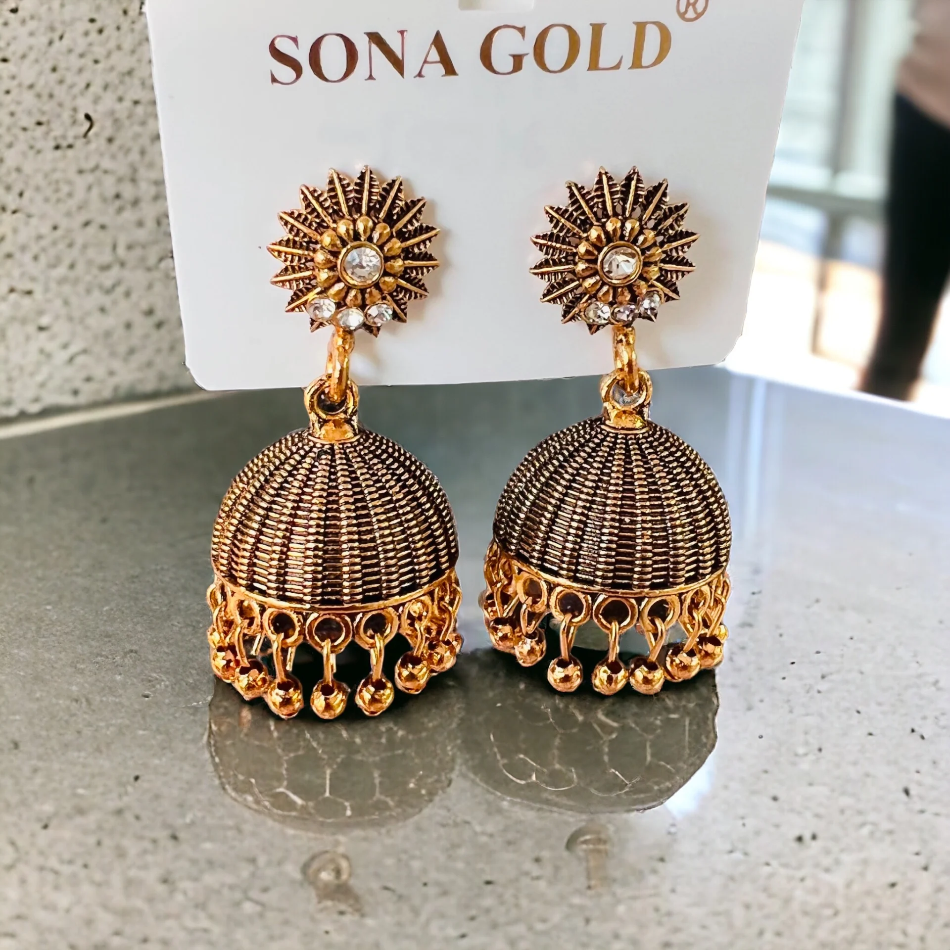 Dull gold Fashion Bollywood drop jimmiky earring with dull gold beaded and white stone for girl and women gift items for girls