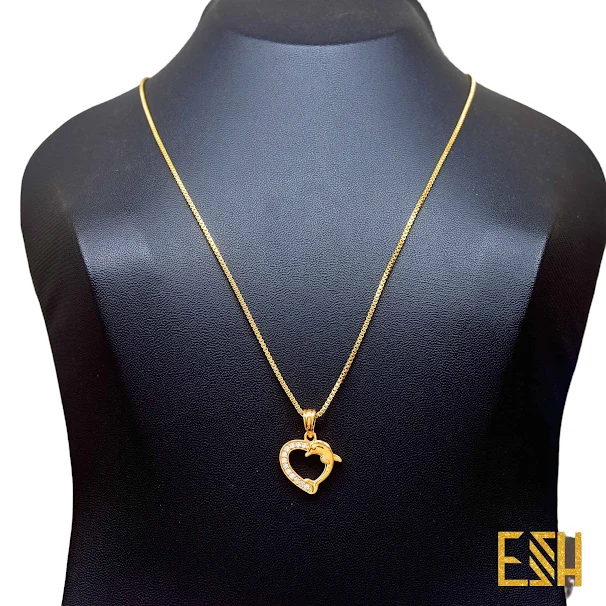 ESH Gold plated Guaranteed Stylish 01mm box Chain Beautiful Design With Dolphin Harte Fixed Stone Pendant