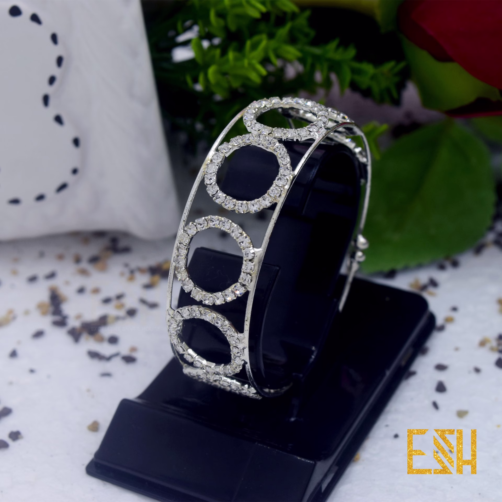 Silver Plated New Round Type Free Size Bangle Bracelet With Fixed White Stone For Women Gift ( Fit For Any Hand )