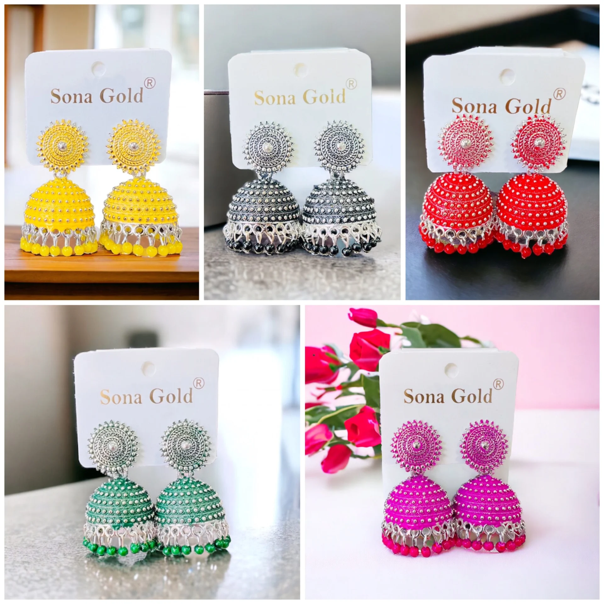 Silver mix medium cute jimmiky drop earring with black, green, red, magenta, yellow color pearl for girl and women
