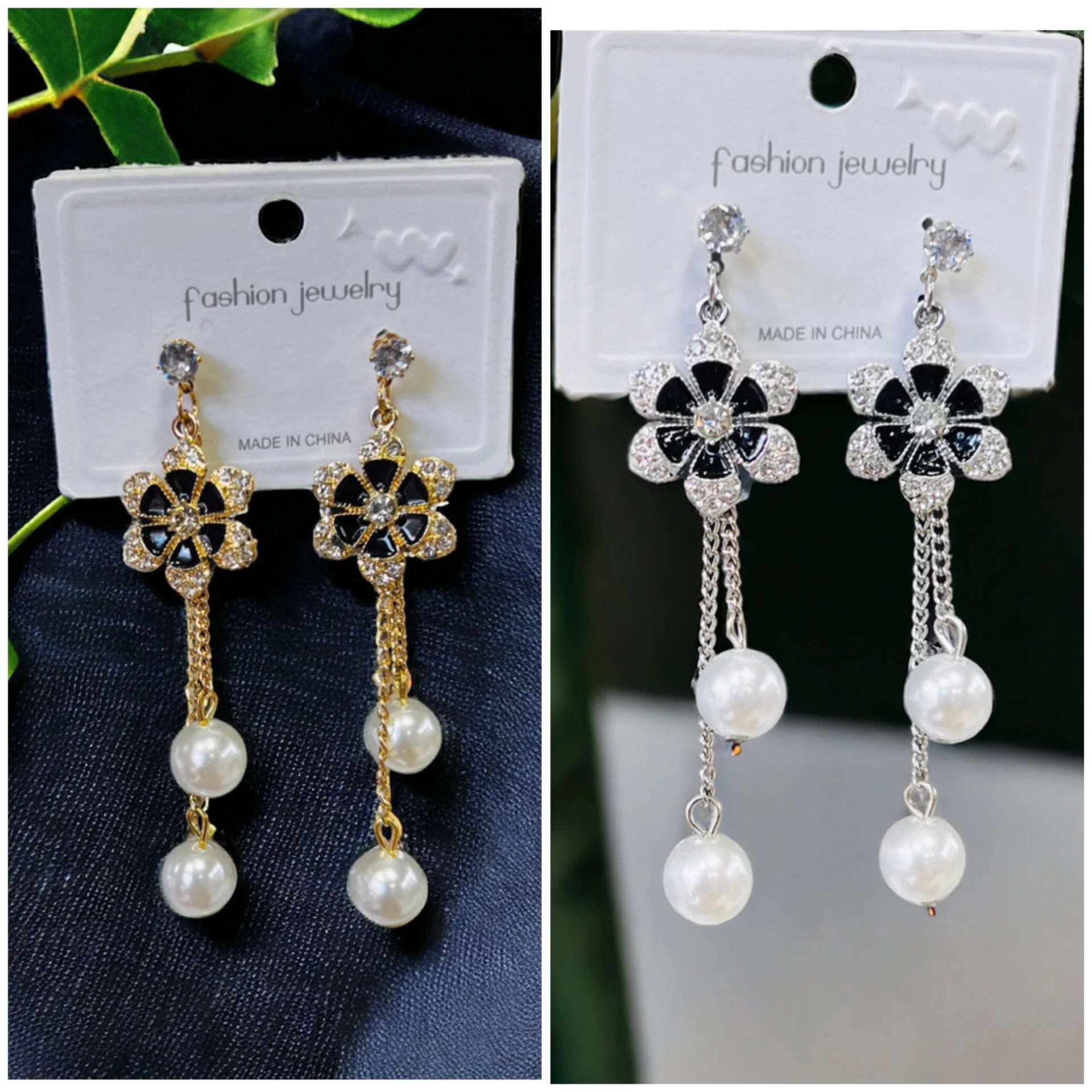 Gold and silver color beautiful black small flower with long tassel pearl drop earring for girl and women