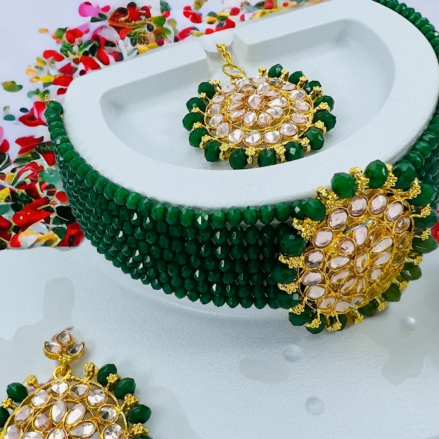 ESH Adorable Gold-Plated dark green color crystal Pearl Choker Necklace Set for Women and girl With free box