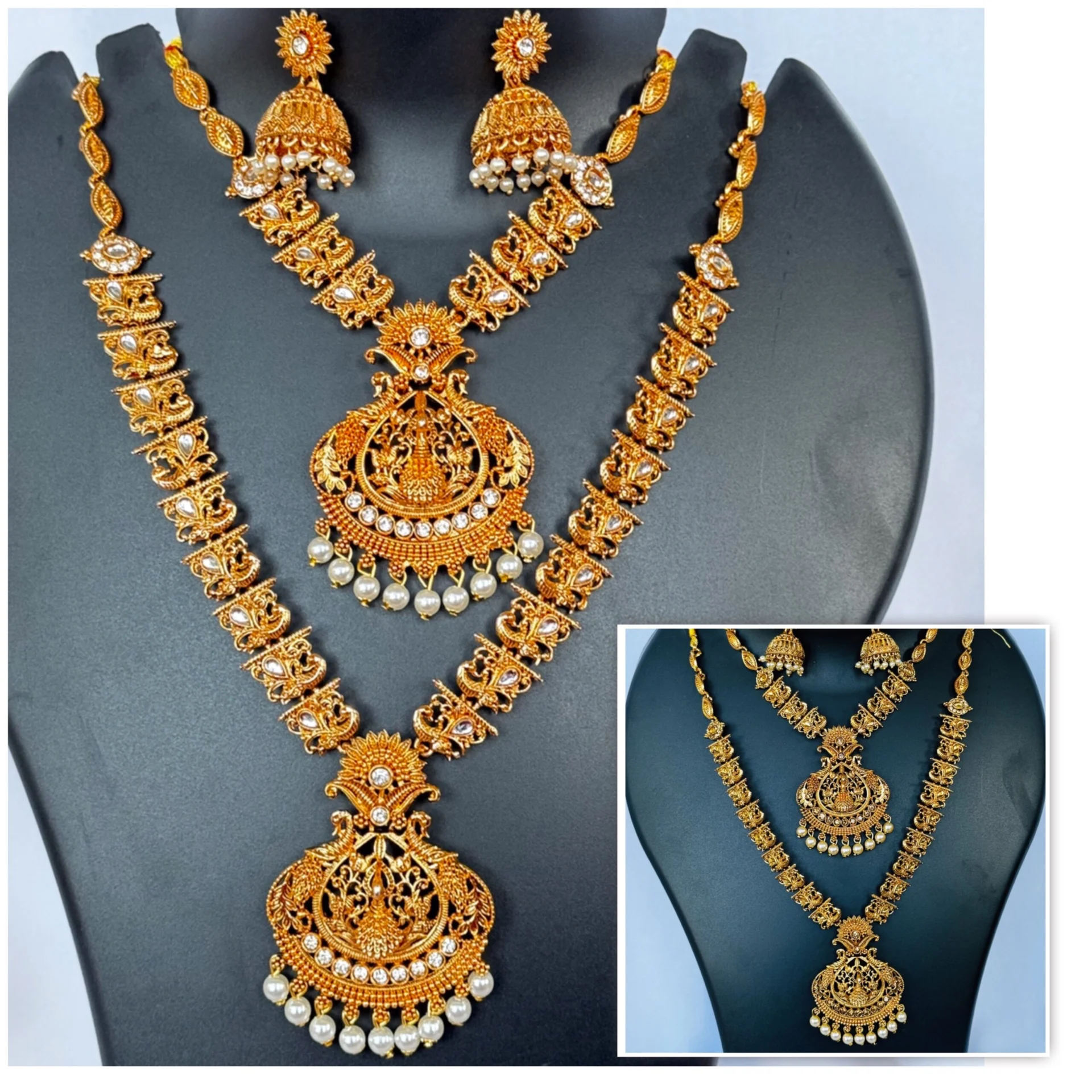 Dull gold color peacock design double necklace fashion jewelry set with white, gold stone and white, gold pearl for women and girl