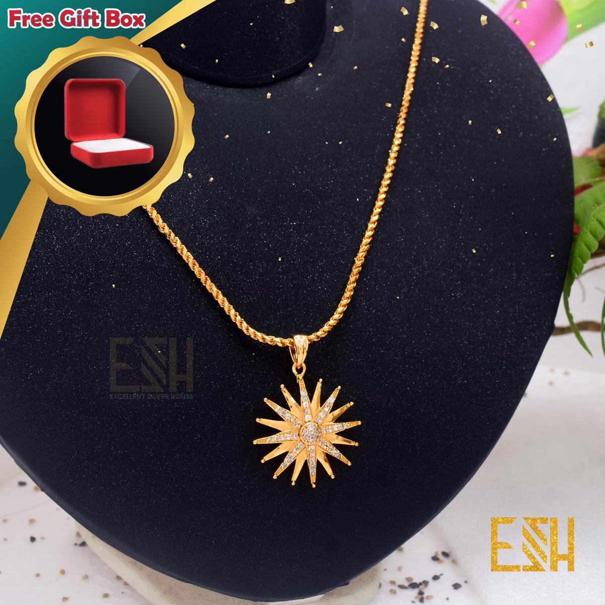 Gold Plated ESH 02MM Rope Chain 18 Inch Short With Rich Look Star Theme Pendant Durable Combo jewellery For Women Love Gift
